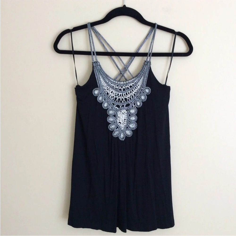 Kenar Women's Sleeveless X Back Top Crochet Design Black Cream Silver Size S